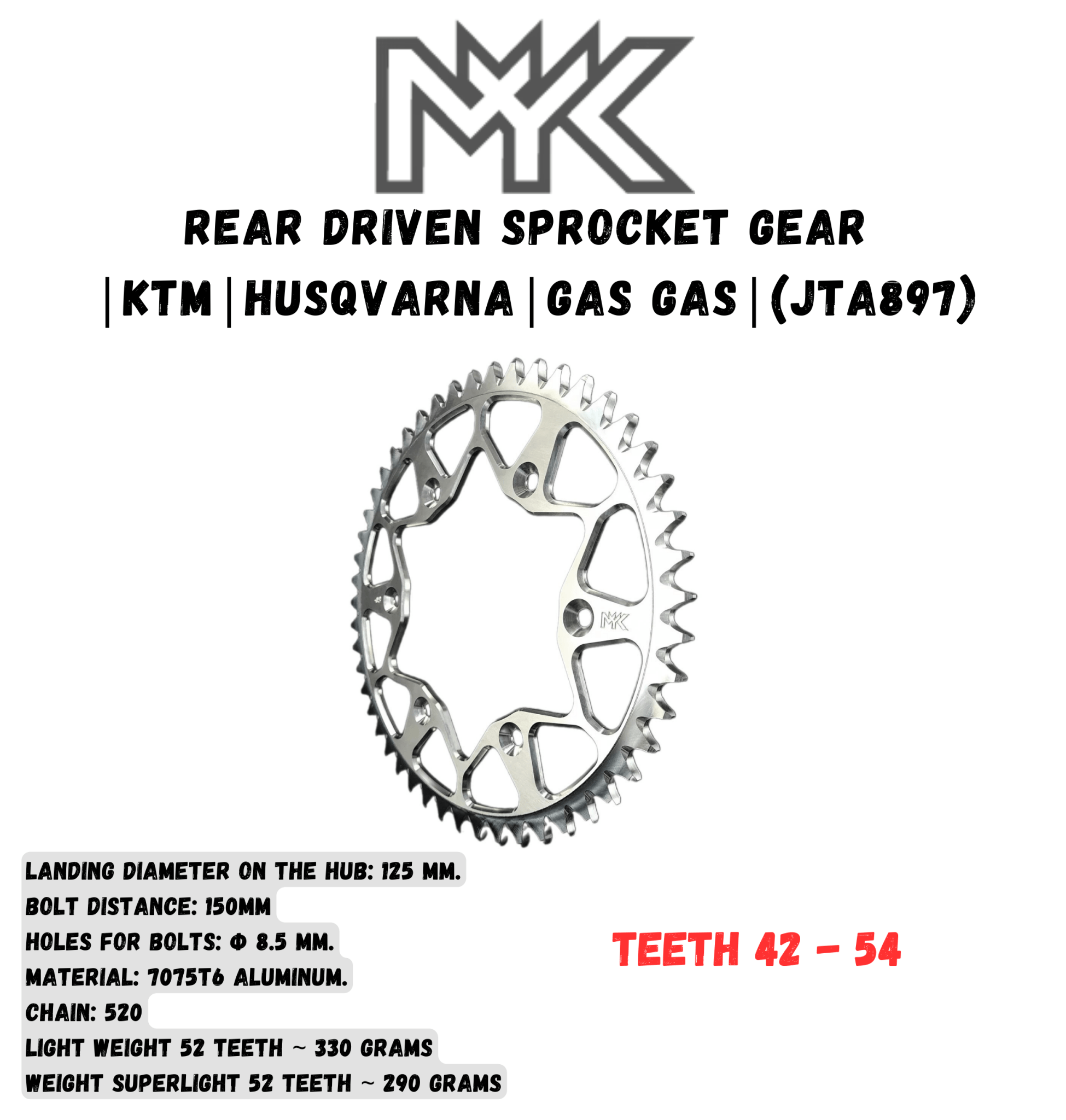 Rear Sprocket | KTM EXC/ECXF/SXF/SX 150-500cm | 2014-24|51-54 teeth (JTA897) CNC